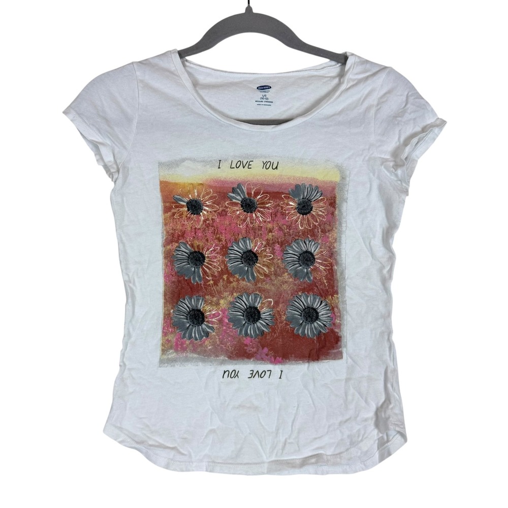 Old Navy Shirt Girls 10-12 White I Love You Floral Graphic Scoop Neck Tee Casual
